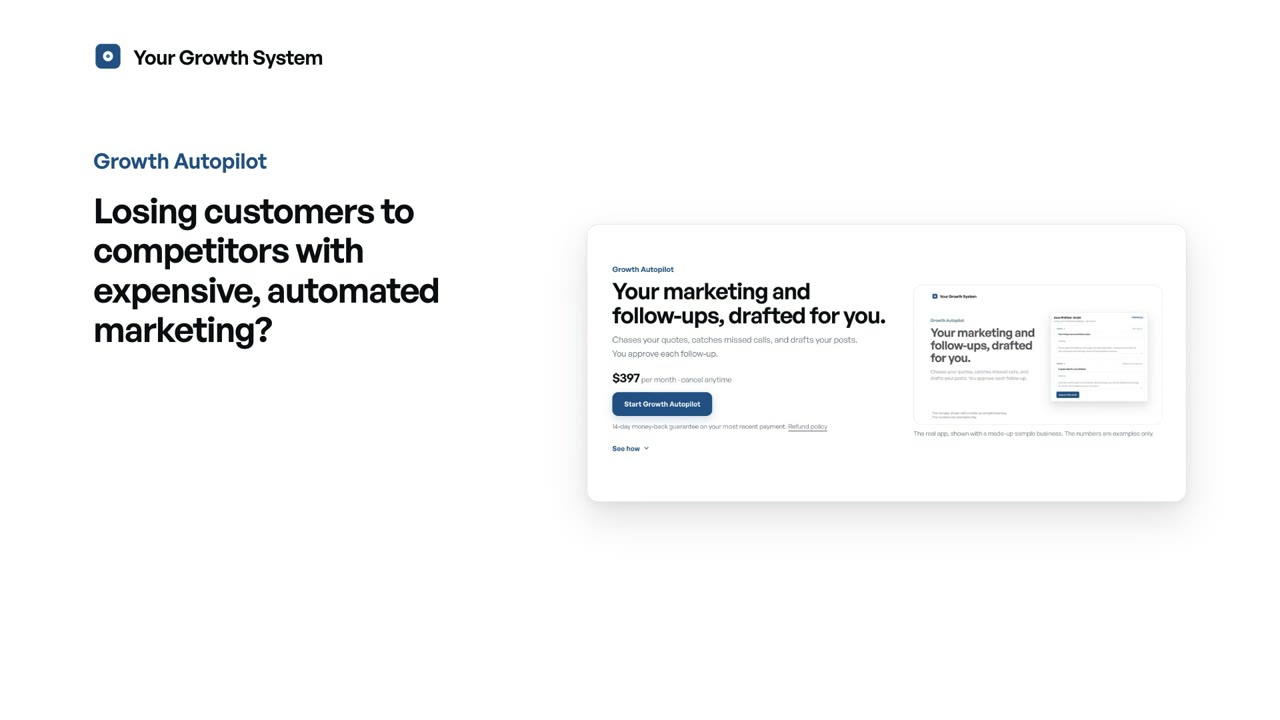 The explainer's first frame: "Losing customers to competitors with expensive, automated marketing?"