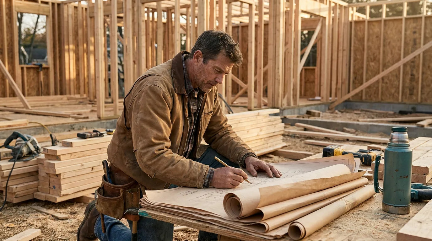 A builder reviewing plans at the frame of a custom home under construction.