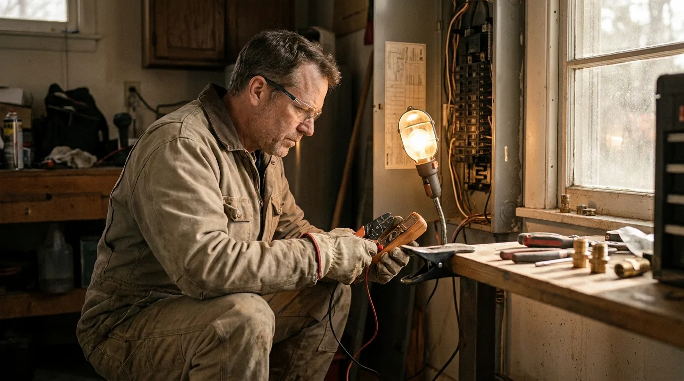 An electrician working at a residential service panel wearing insulated gloves.