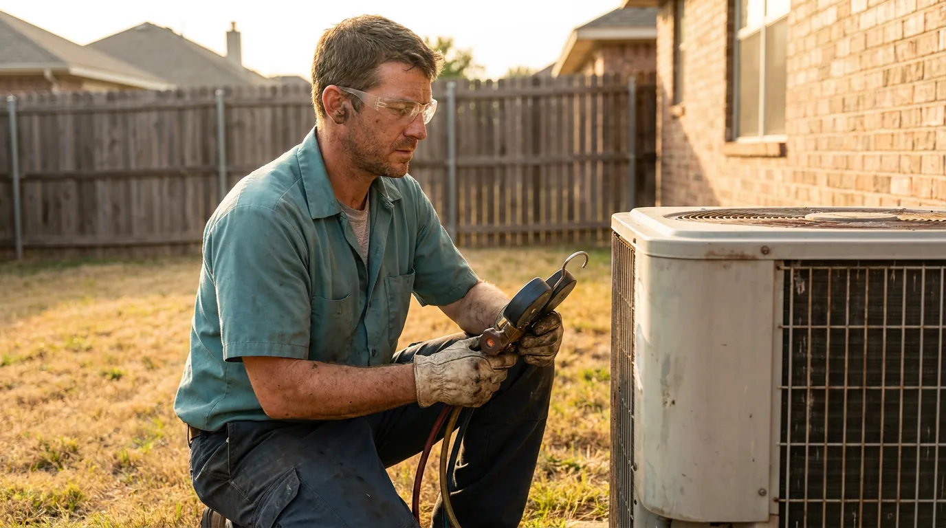 An HVAC technician servicing a residential condenser at golden hour.