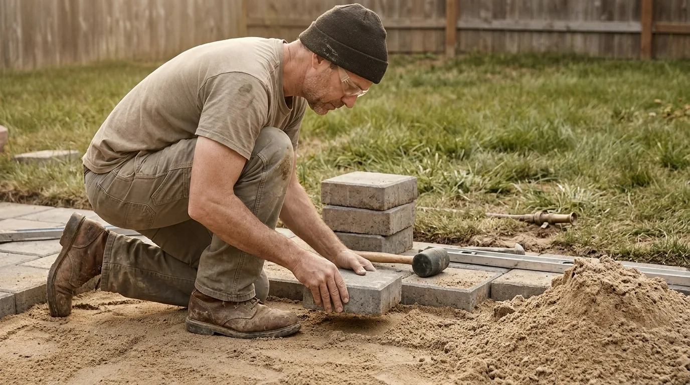 A landscaper laying a paver patio in a residential backyard.