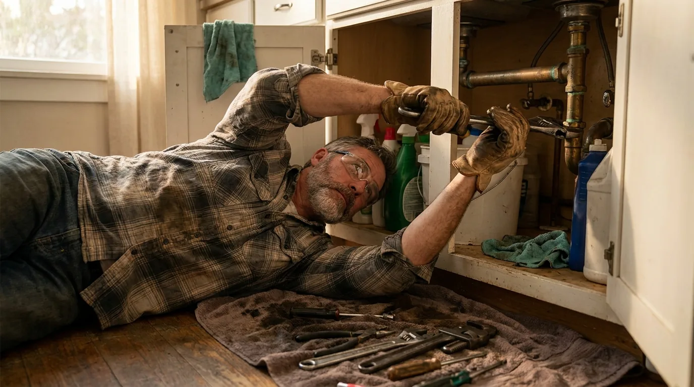 A plumber fitting a residential water heater connection.