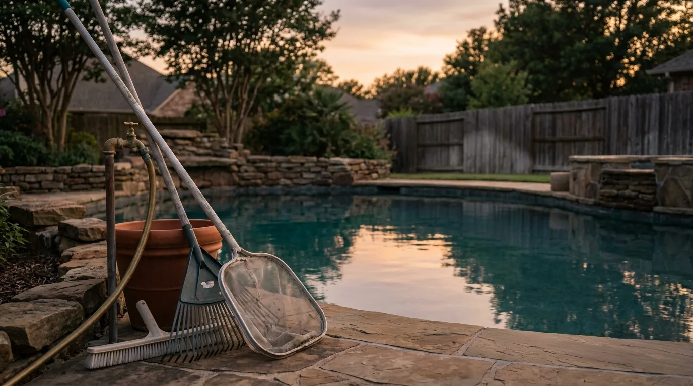 A finished residential in-ground pool with skimmer and maintenance tools at the edge.