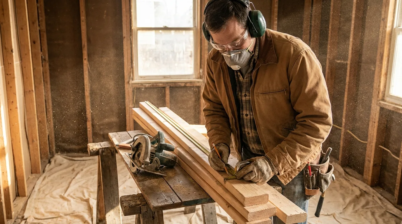 A remodeler measuring cabinetry in a residential kitchen renovation.