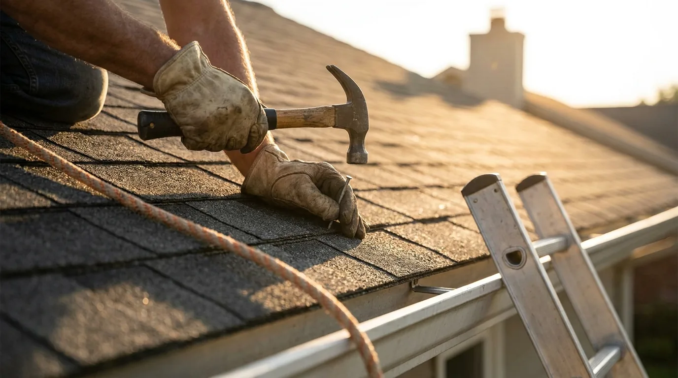 Gloved hands nailing architectural shingles near the eave of a residential roof, with a ladder at the edge.